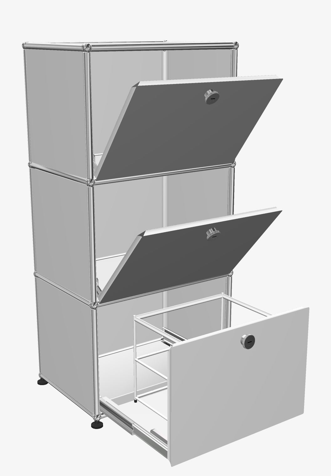 USM Haller Highboard 2 KLAPPTÜRE OBEN / MITTIG UND 1 AUSZIEHTÜRE MIT HÄNGEREGISTRATUR UNTEN Reinweiß AUSSTELLUNGSSTÜCK / GEBRAUCHTMÖBEL 