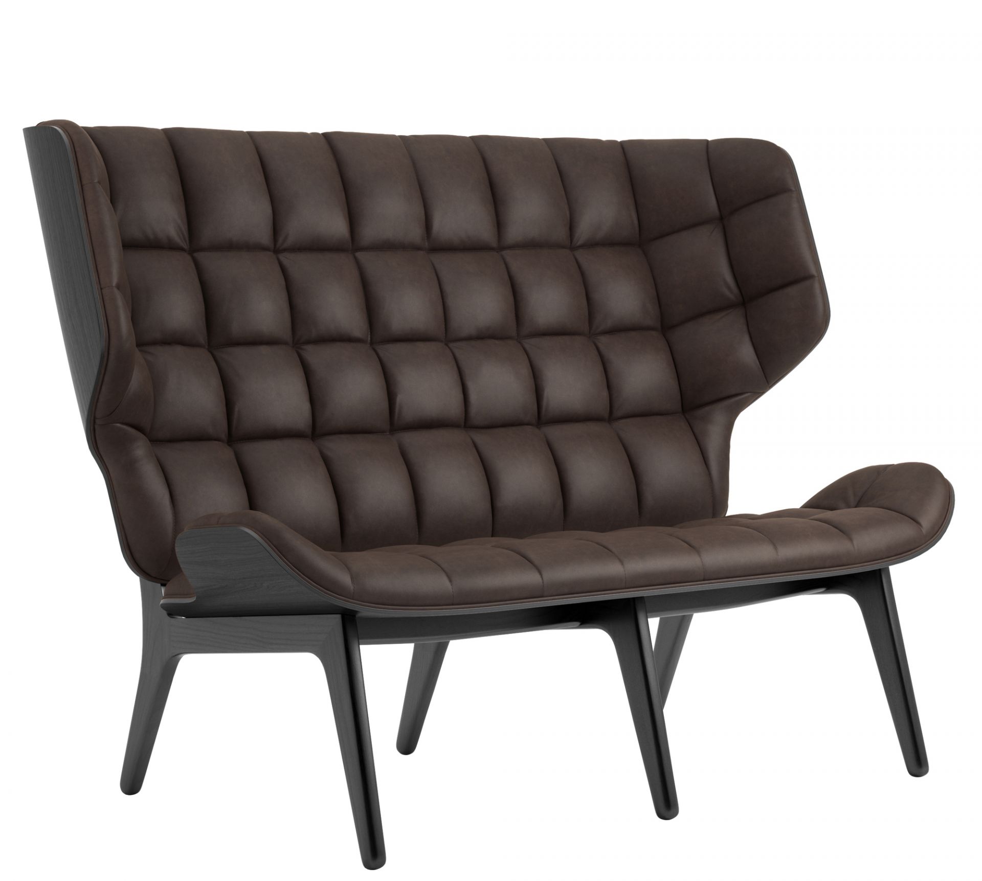 Mammoth Sofa mit braunem Lederbezug und schwarzem Eichengestell. Design Sofa für Wohnzimmer.