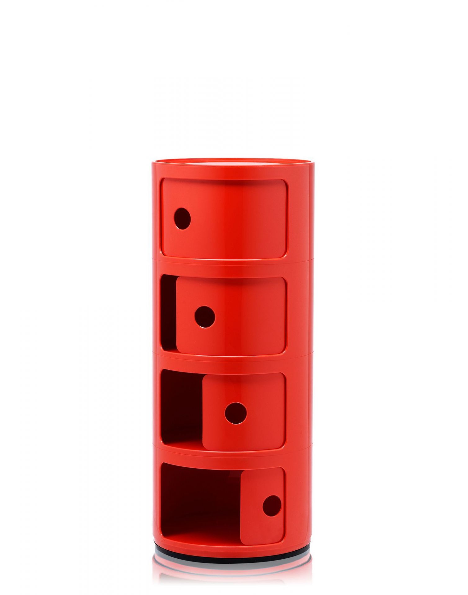 Rotes Componibili Element mit vier Fächern von Kartell, modernes Design für Wohnraum und Büro.