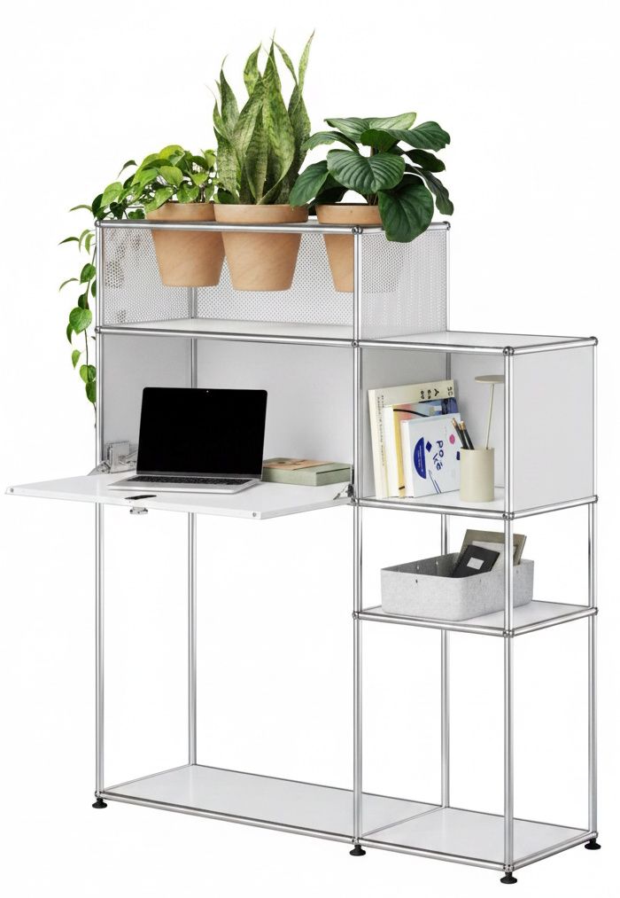 Home Office mit Pflanzenelement USM Haller Reinweiss