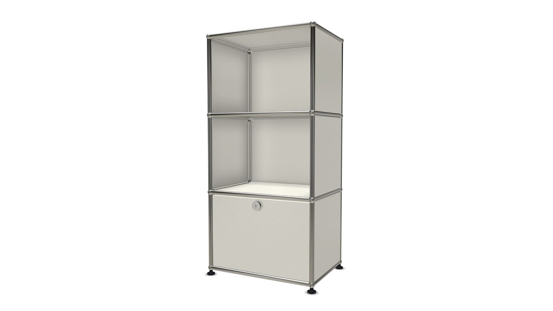 Weißes USM Haller Regal mit Ausziehtür, modulare Möbel für Büro und Wohnzimmer.