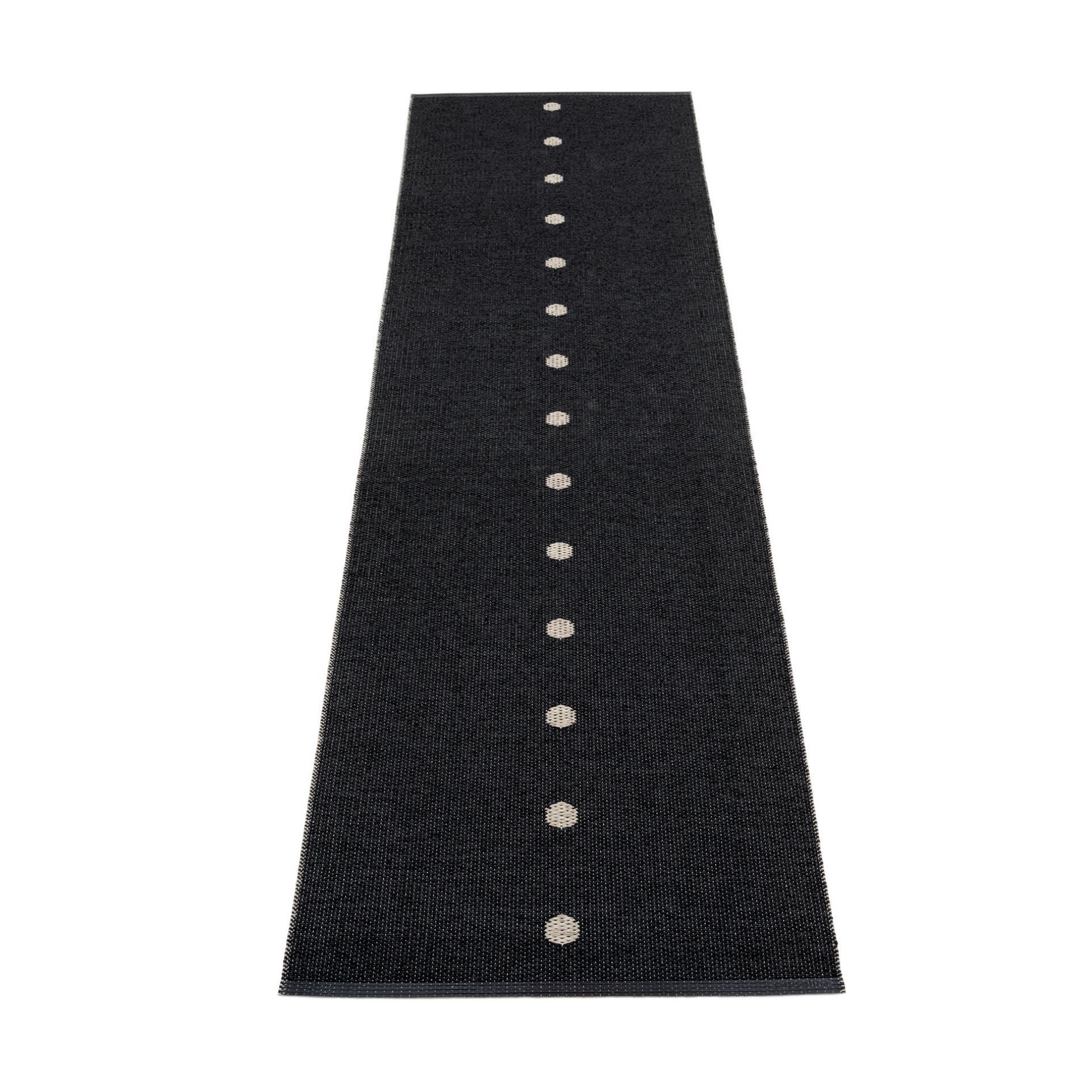 Schwarzer Pappelina Kunststoffteppich 70x280 cm mit weißen Punkten, ideal für Küche und Flur.