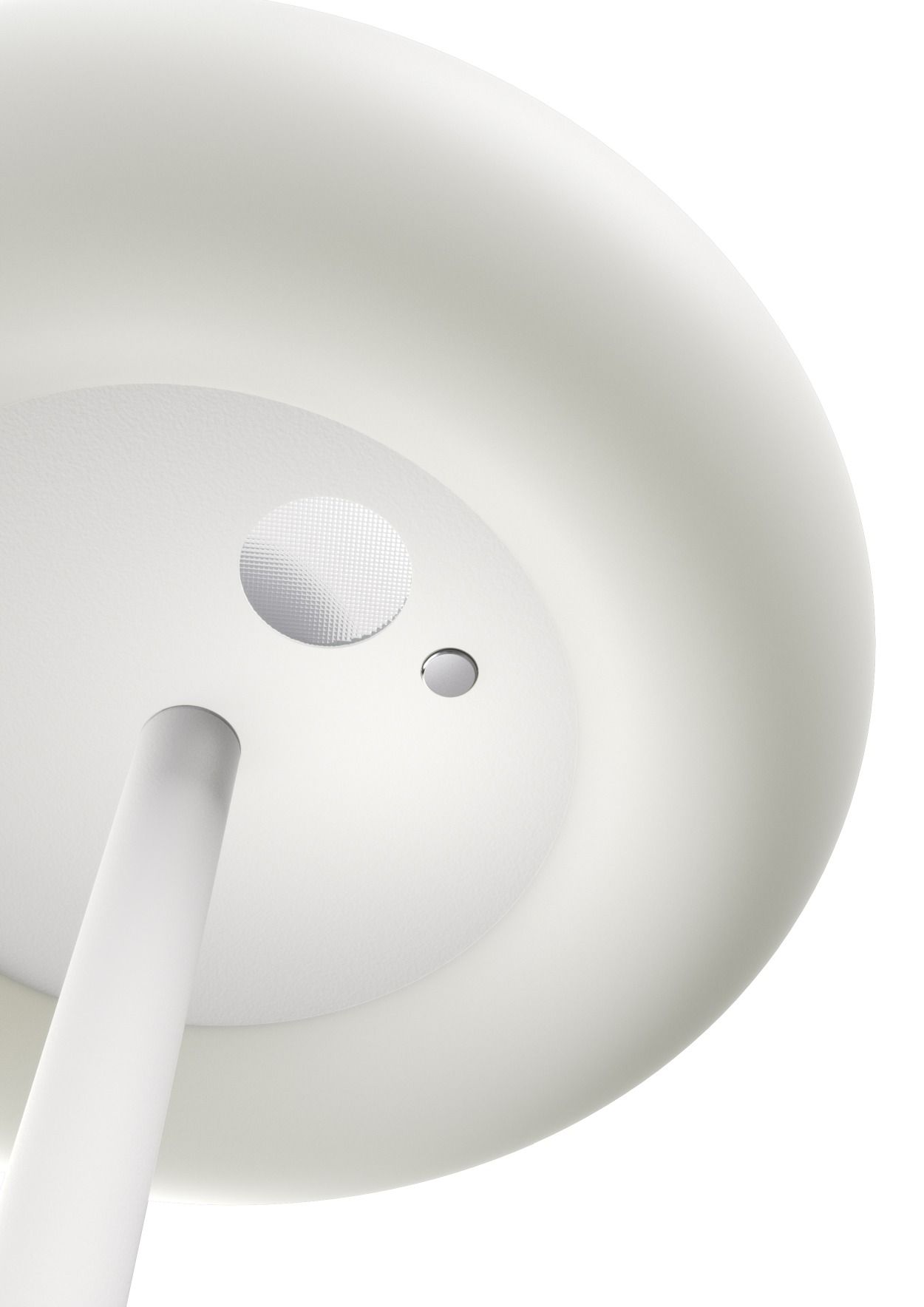 Detailaufnahme der weißen Oto Stehleuchte von Belux mit warmweißem Licht (3000K).