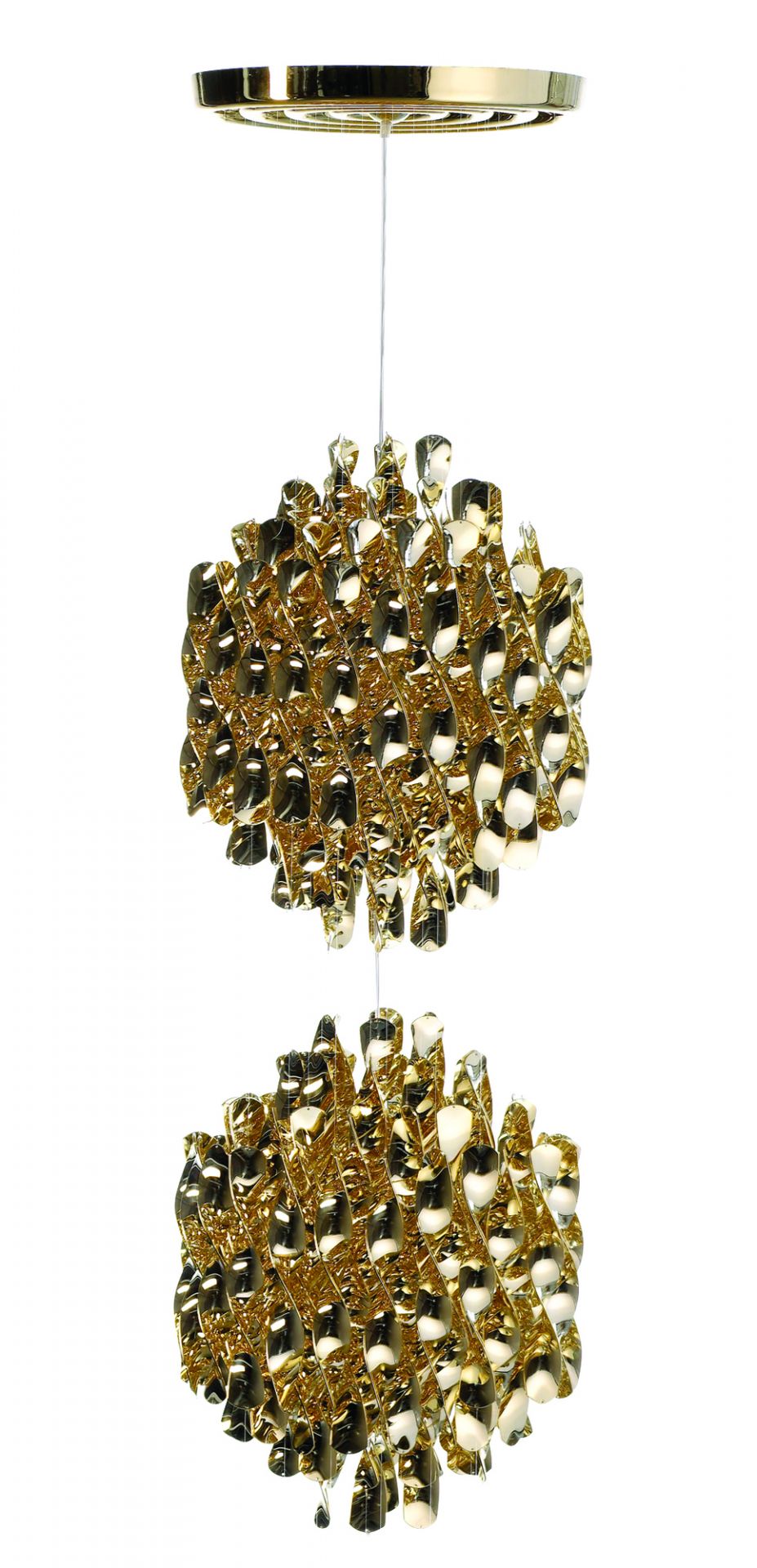 Goldene Spiral SP2 Pendelleuchte von Verpan mit spiralförmigen Elementen und elegantem Design.