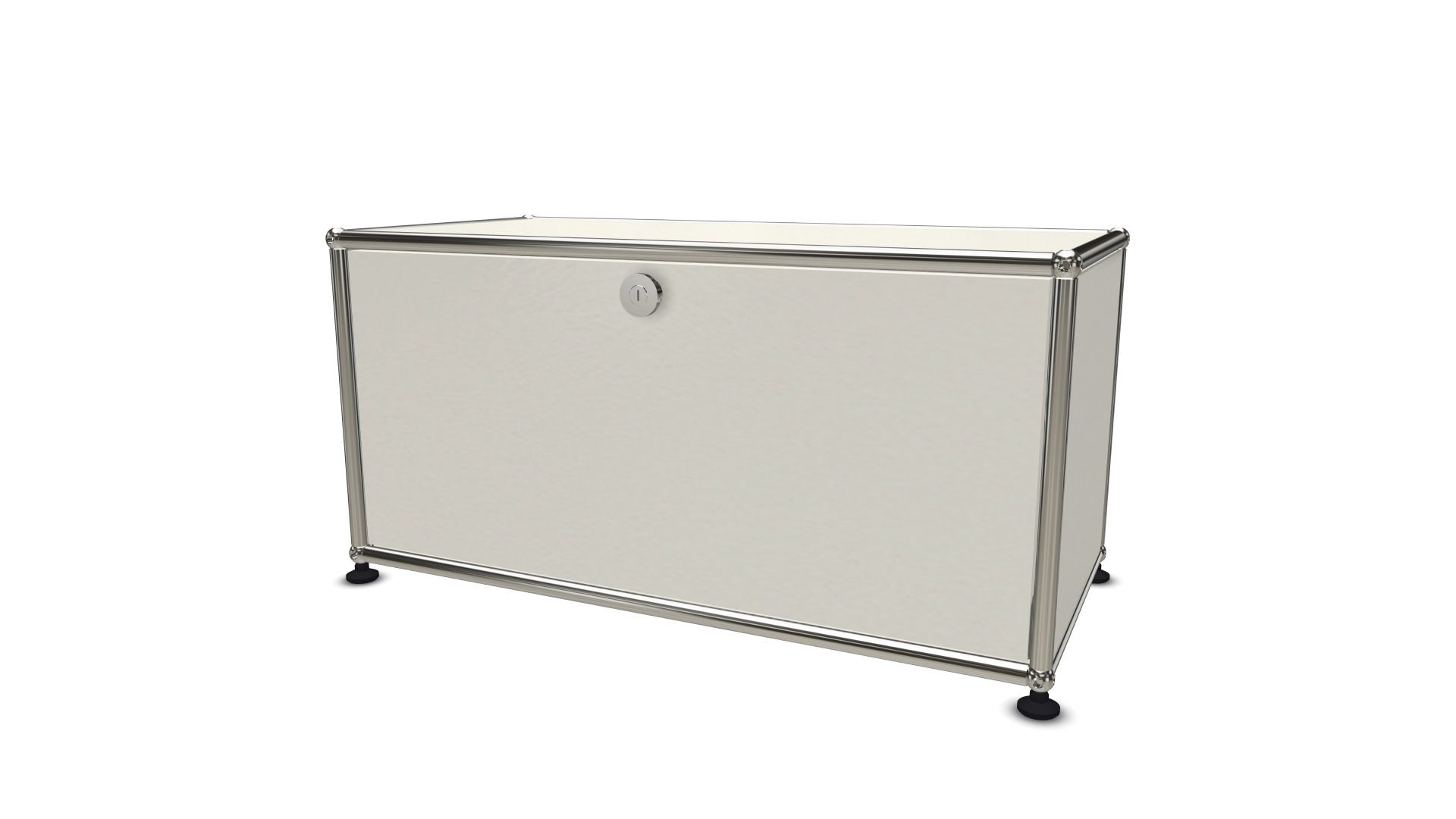 Weißes USM Haller Lowboard mit einer Klappe, modernes Designmöbel für Wohnzimmer und Büro.