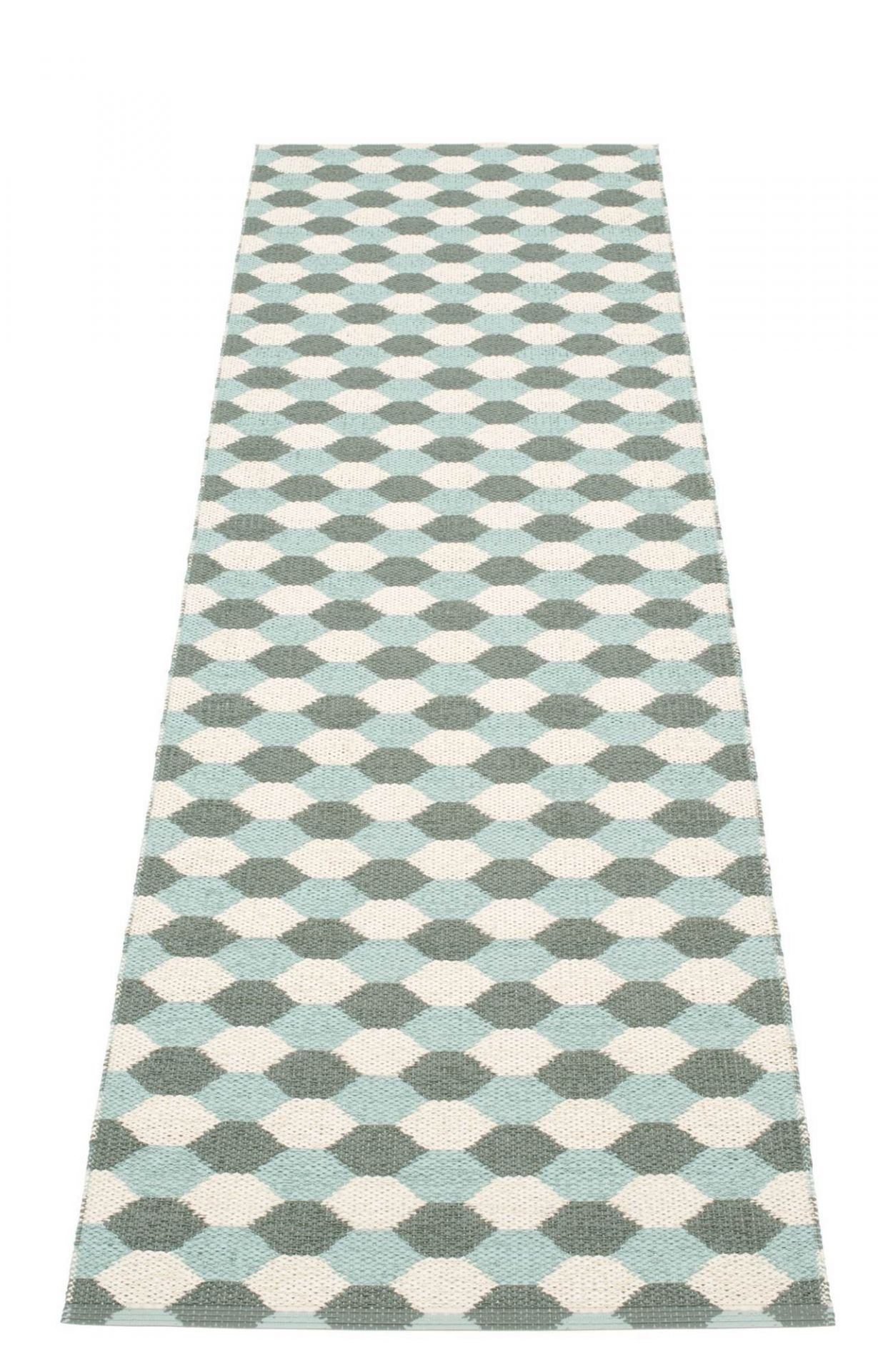 Dana Kunststoffteppich 70x250 army Pappelina mit geometrischem Muster in Grün-, Türkis- und Beigetönen.