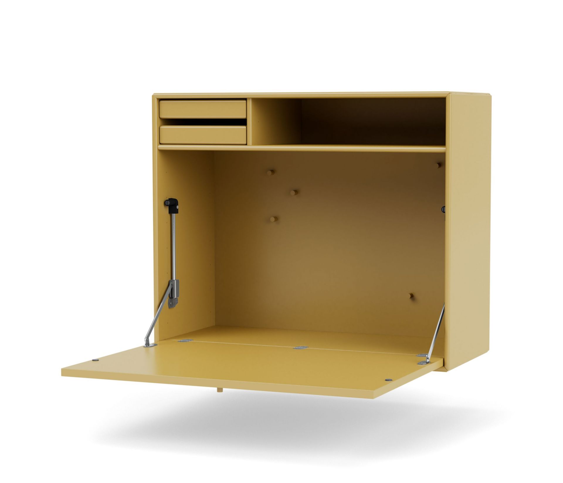 Gelber Montana Sekretär mit geöffneter Schreibklappe, Schubladen und Regal, modernes Möbeldesign.