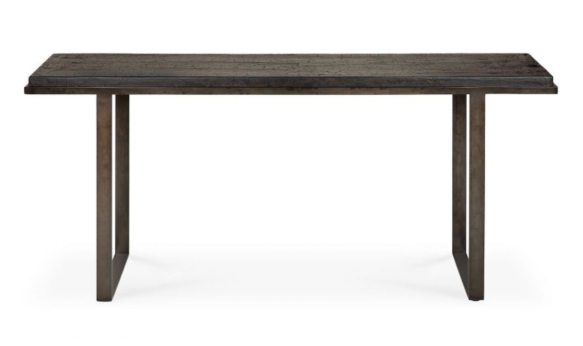 Ethnicraft Stability Konsole Umberbraun: Rechteckiger Konsolentisch aus dunklem Holz mit Metallgestell, modernes Möbeldesign.