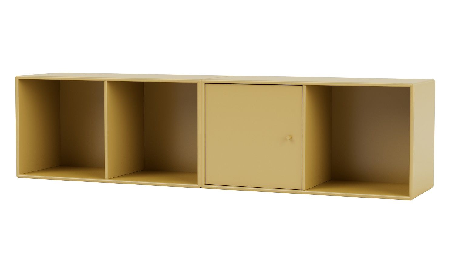 Gelbes Montana LINE Wandregal mit zwei offenen Fächern und einer Tür.