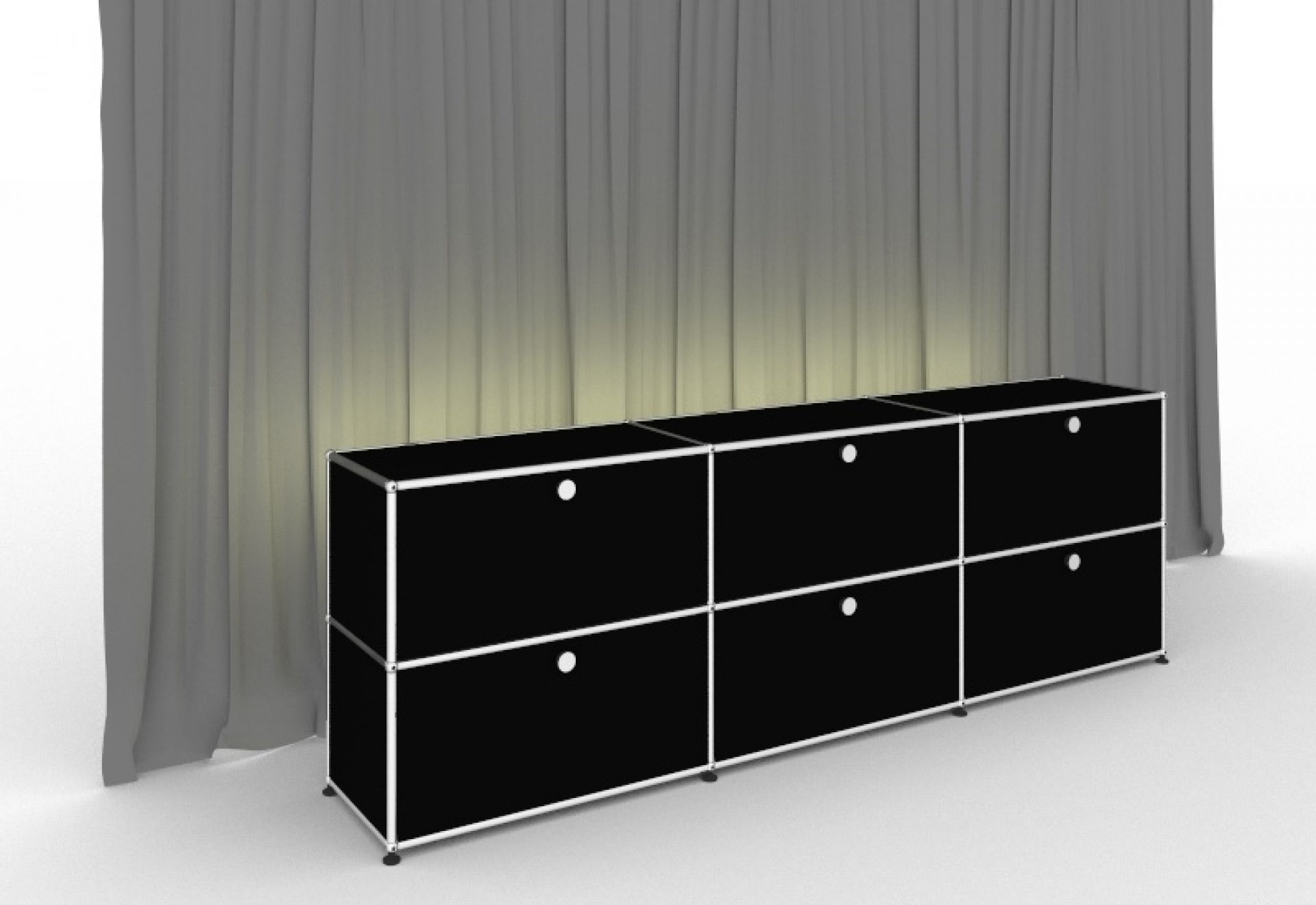 Graphitschwarzes USM Haller Sideboard mit Beleuchtung und sechs Klapptüren vor grauem Vorhang.