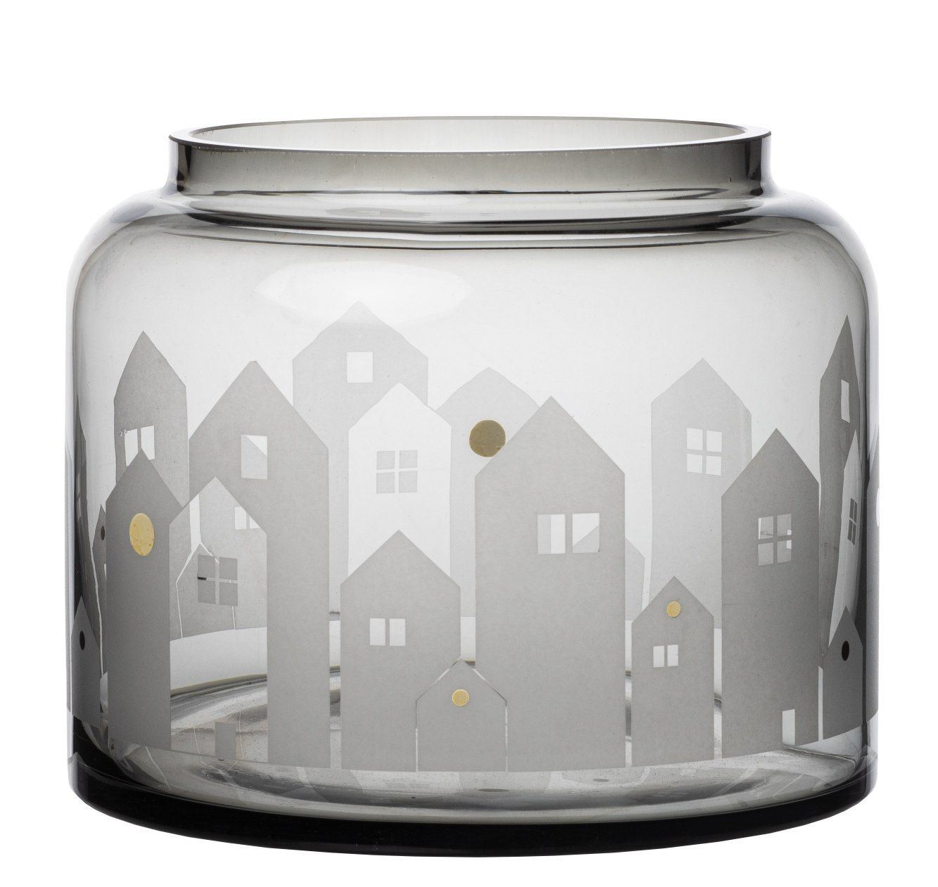 Wintervase Häuser Winterlicht Räder Winterliche Räder Wintervase Häuser Winterlicht aus grauem Glas mit weißem Häuser-Motiv und goldenen Akzenten.