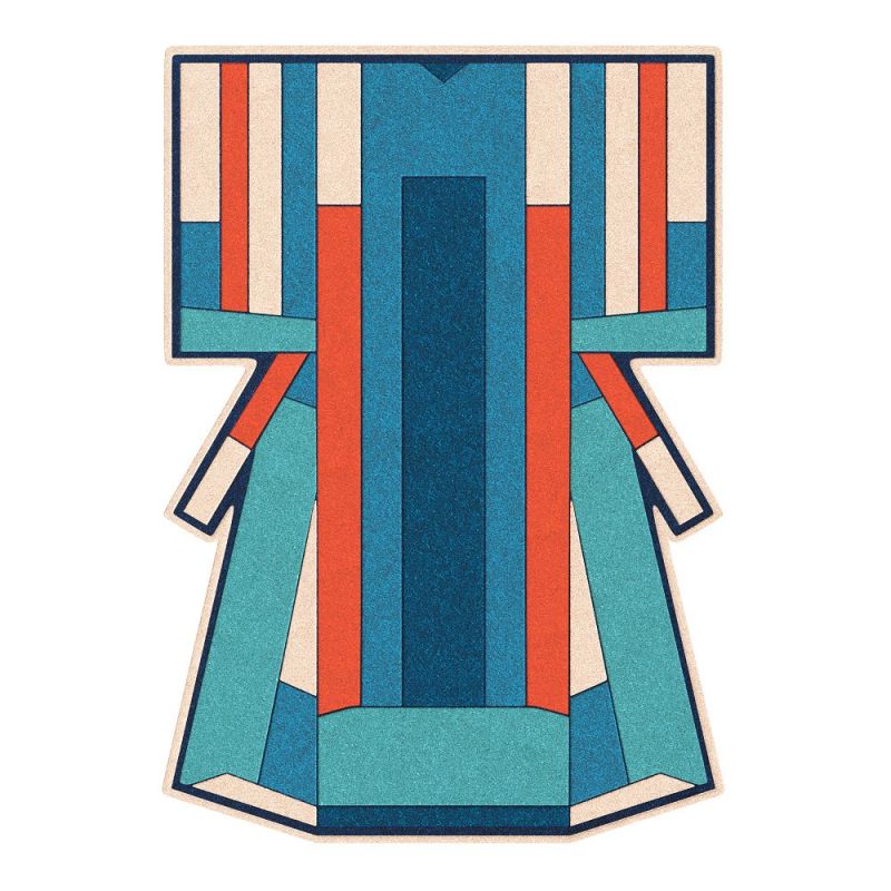 Inès Carpet Teppich von Hartô mit abstraktem, farbenfrohem Design in Blau, Orange und Beige.