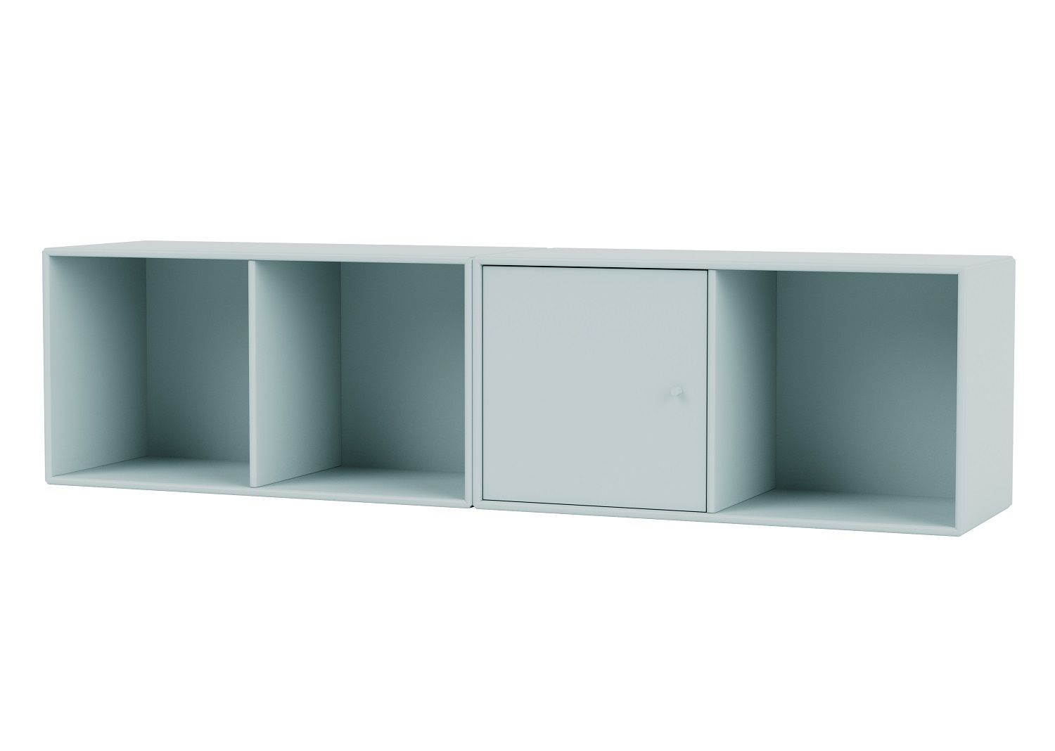 Helles LINE Wandregal von Montana mit drei Fächern, davon eins mit Tür.