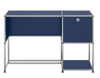 USM Haller Schreibtisch in Stahlblau mit Ablage und Schublade, modernes Design für Büro und Arbeitszimmer.