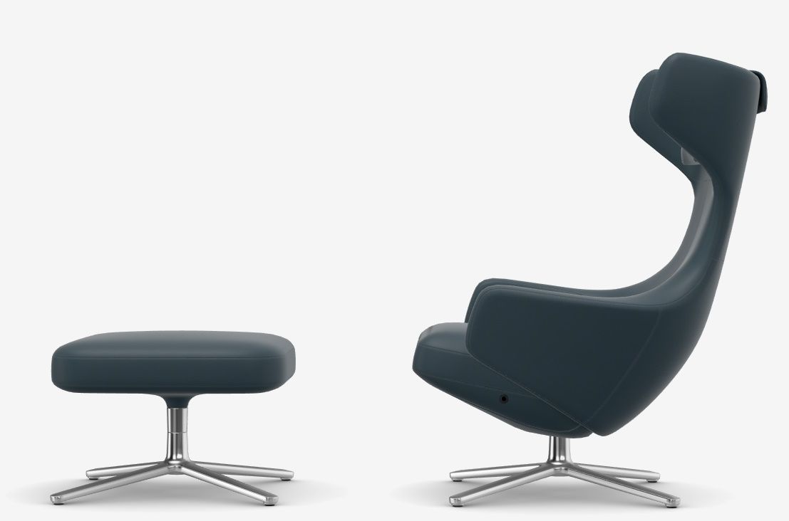 Grand Repos Sessel + Ottoman NIEDRIG / LEDER PREMIUM MIT KONTRASTNAHT RAUCHBLAU Vitra EINZELSTÜCK