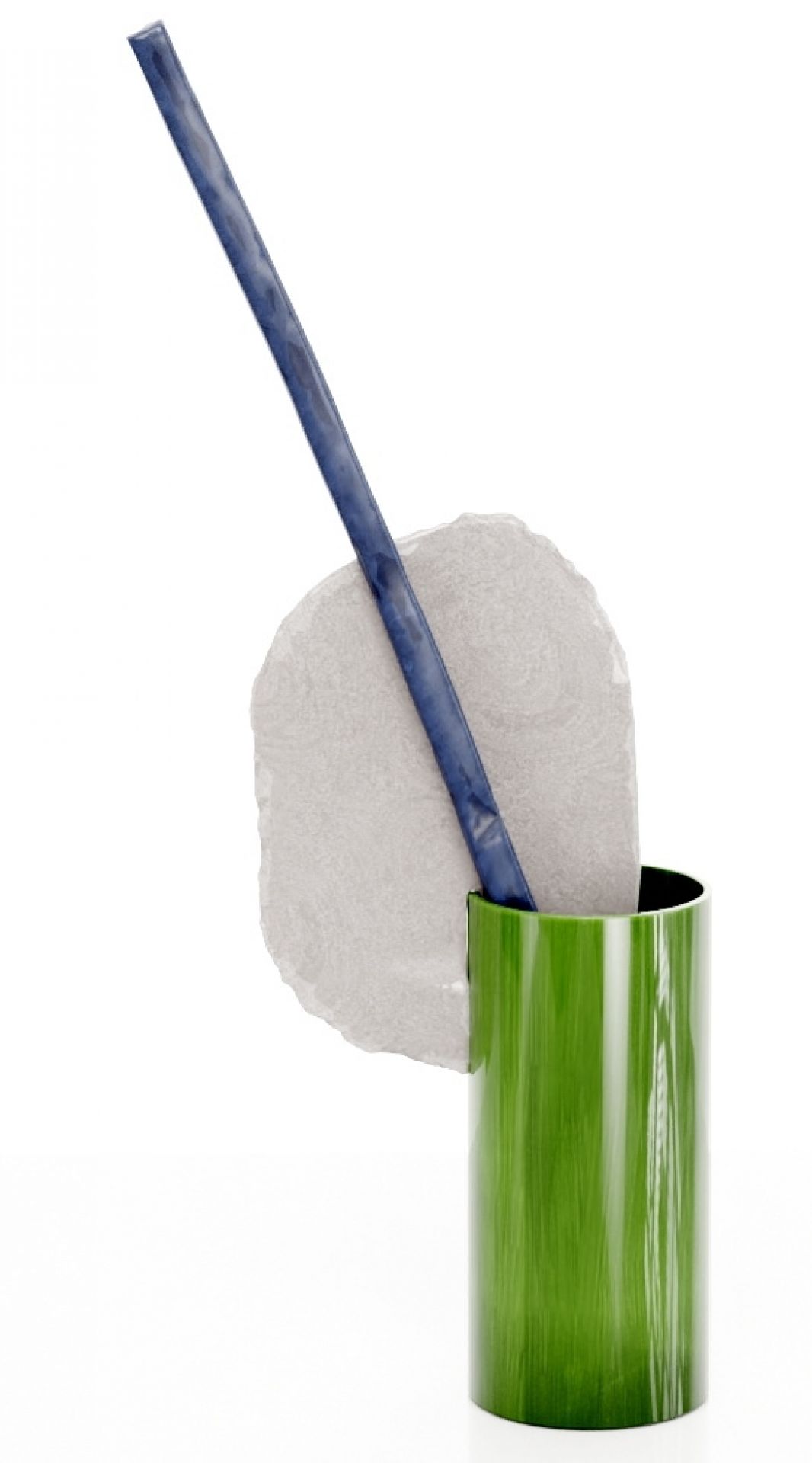 Vitra Découpage Vase Barre: Grüne Design-Vase mit blauem Stab und weißem Dekoelement, moderne Wohnaccessoires.