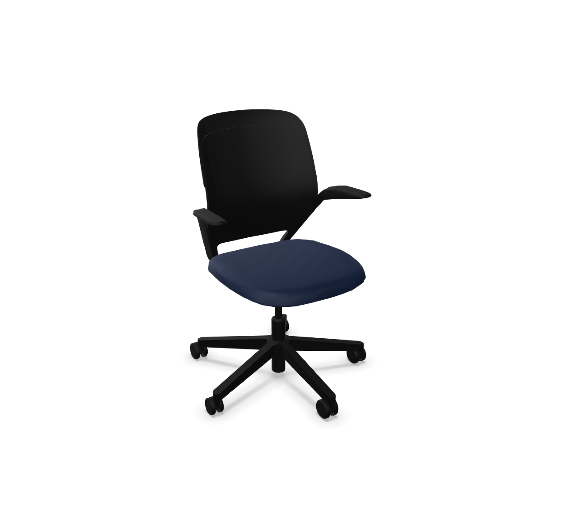 Schwarzer cobi Drehstuhl von Steelcase mit blauer Sitzfläche und Armlehnen, ideal für Konferenzen.