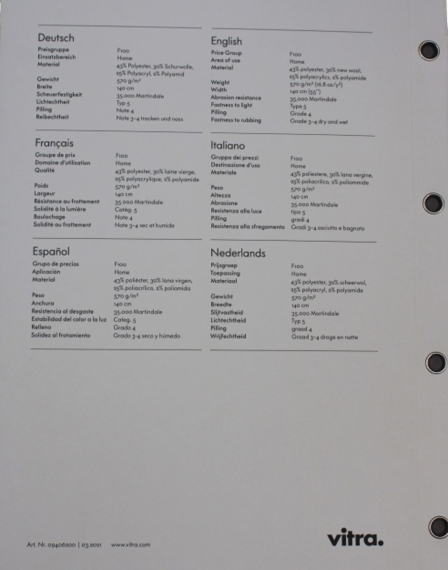 Stoffmusterkarte Nubia Vitra