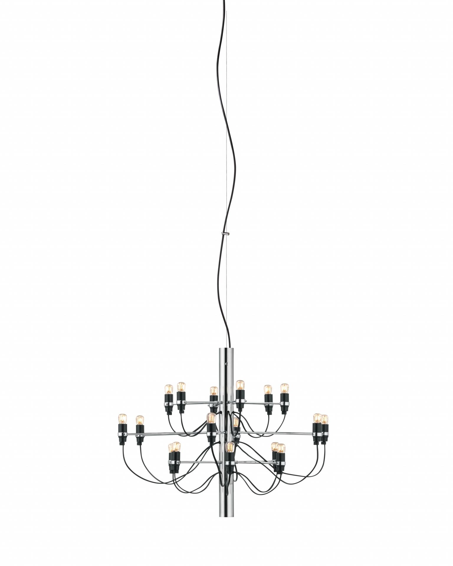 Flos 2097/18 Kronleuchter in Chrom mit klaren Glühbirnen, moderne Deckenleuchte für Wohnzimmer und Esszimmer.