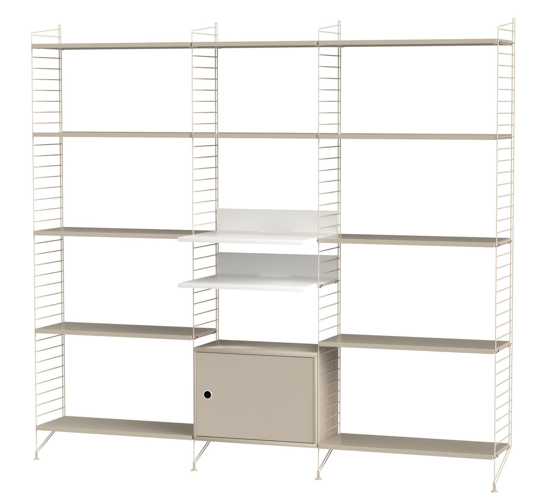 Beiges String Regalsystem für das Wohnzimmer mit Regalböden und Schrankelement, modernes Wandregal.