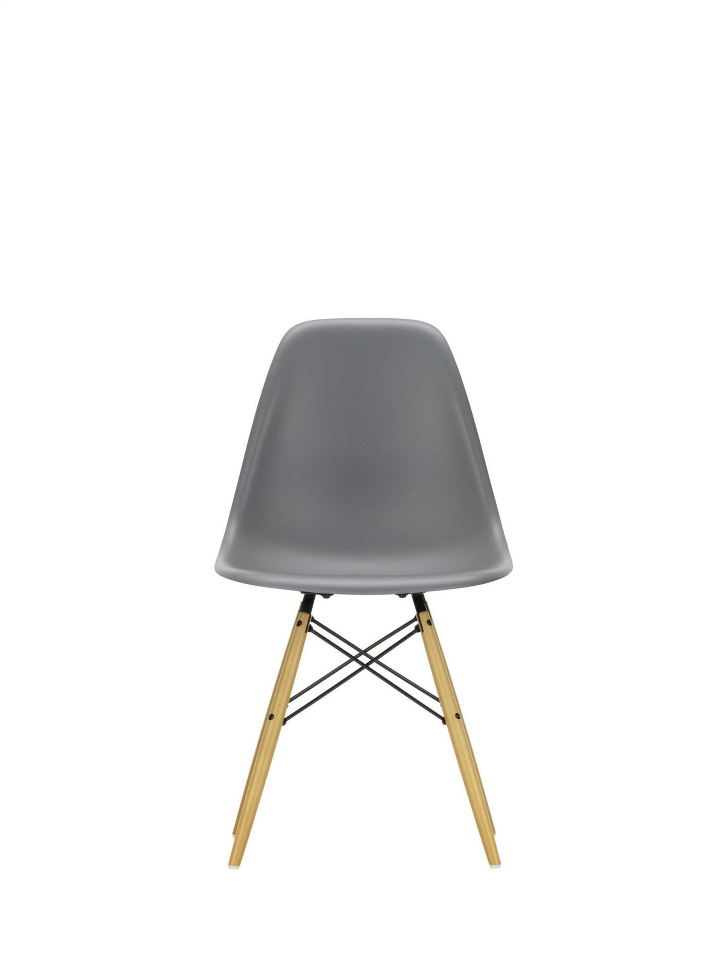 Eames Stuhl DSW, Eisgraue Sitzschale mit Ahorn-Holzgestell, Designklassiker von Vitra für Esszimmer und Büro.