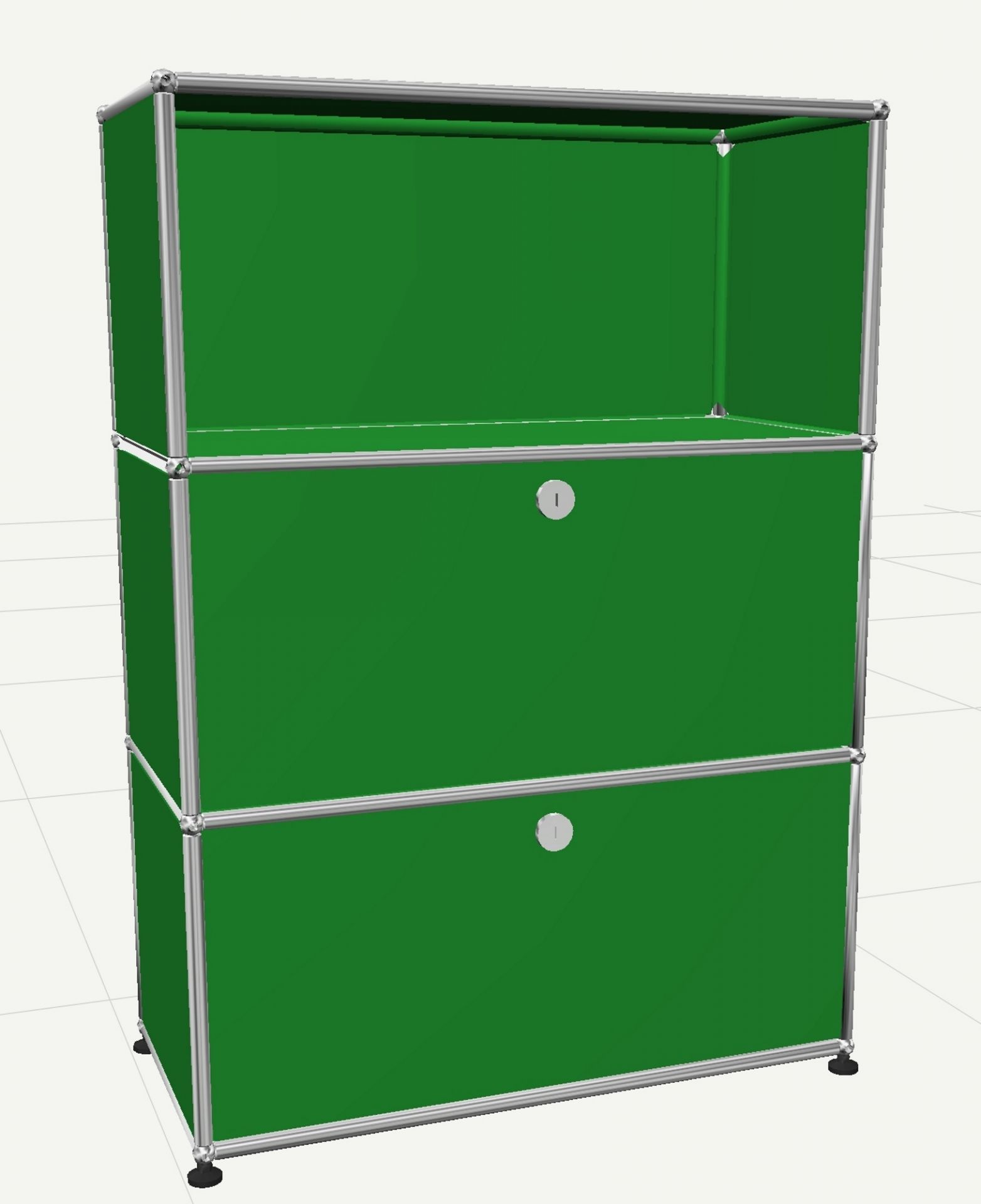 USM Haller Highboard in Grün mit zwei Klappen und einem offenen Fach, modernes Designmöbel.