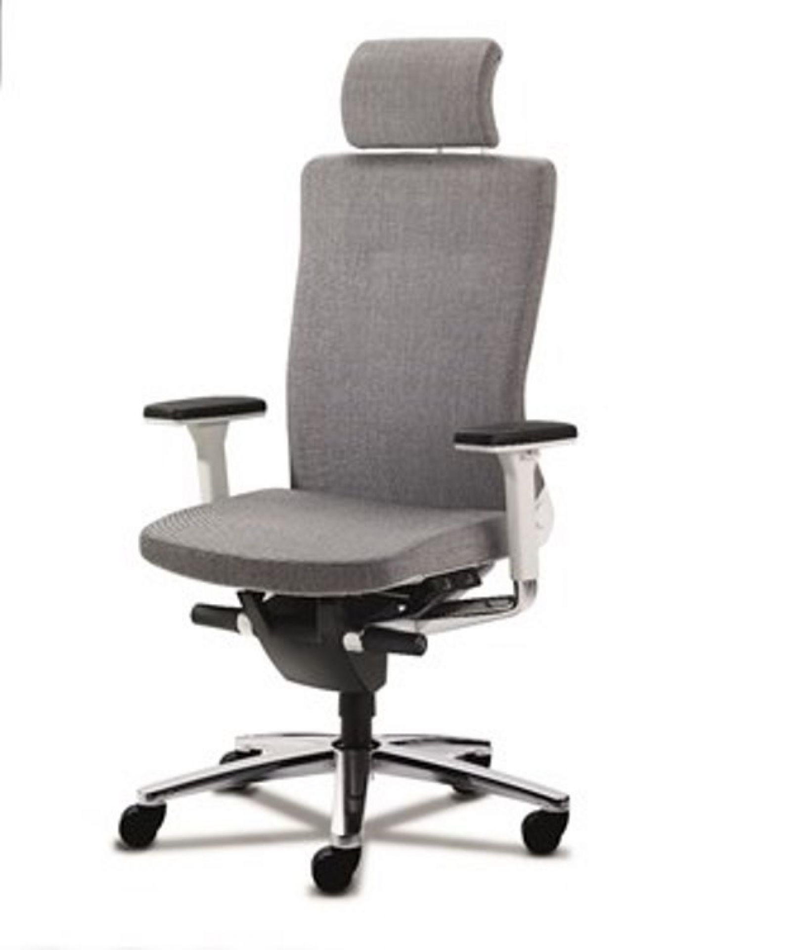 Grauer Lamiga Drehstuhl von König+Neurath mit Kopfstütze, ergonomisch und modern für Büro und Homeoffice.
