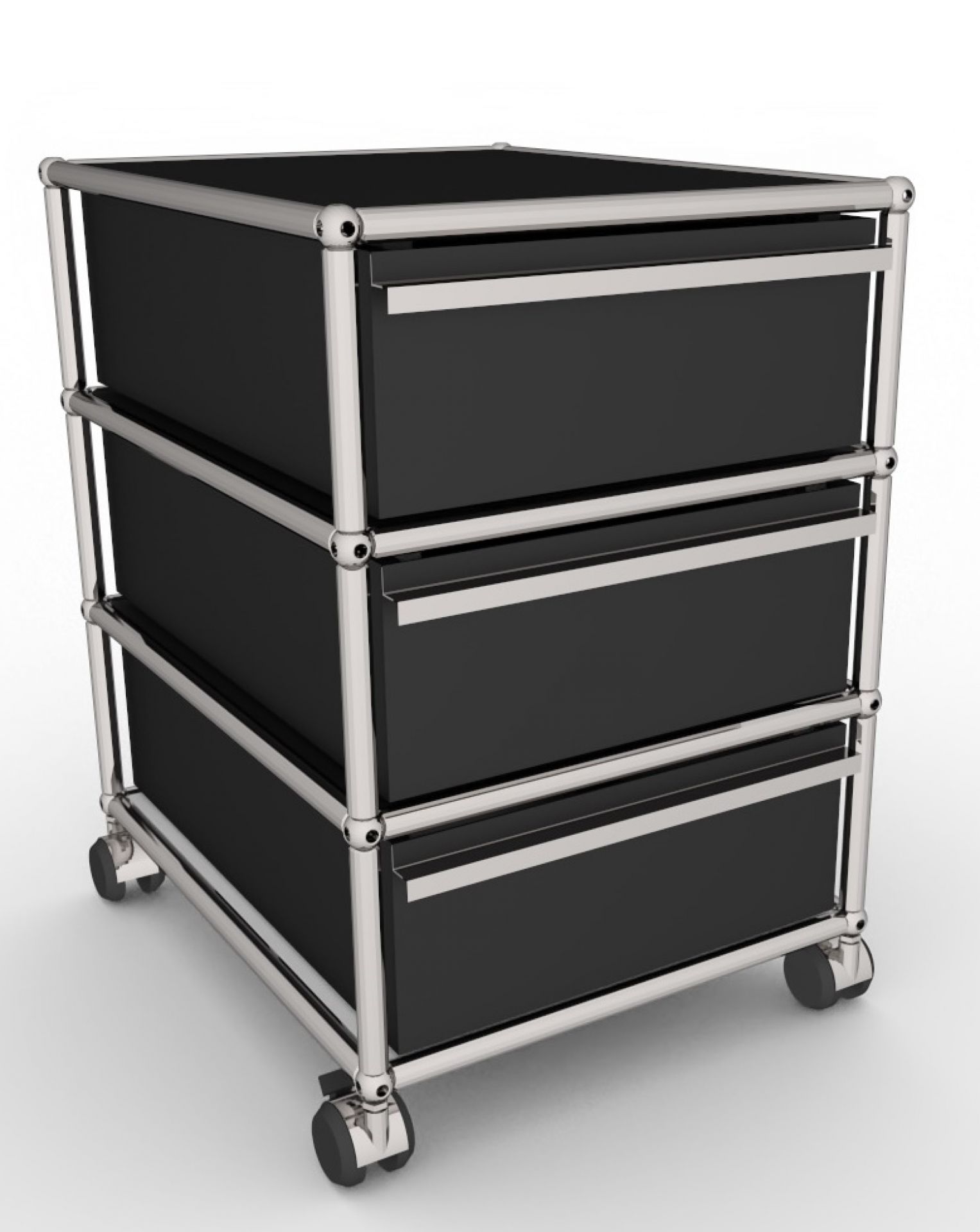 Schwarzer USM Rollcontainer mit drei Schubladen und Lederauflage für stilvolle Büroorganisation.