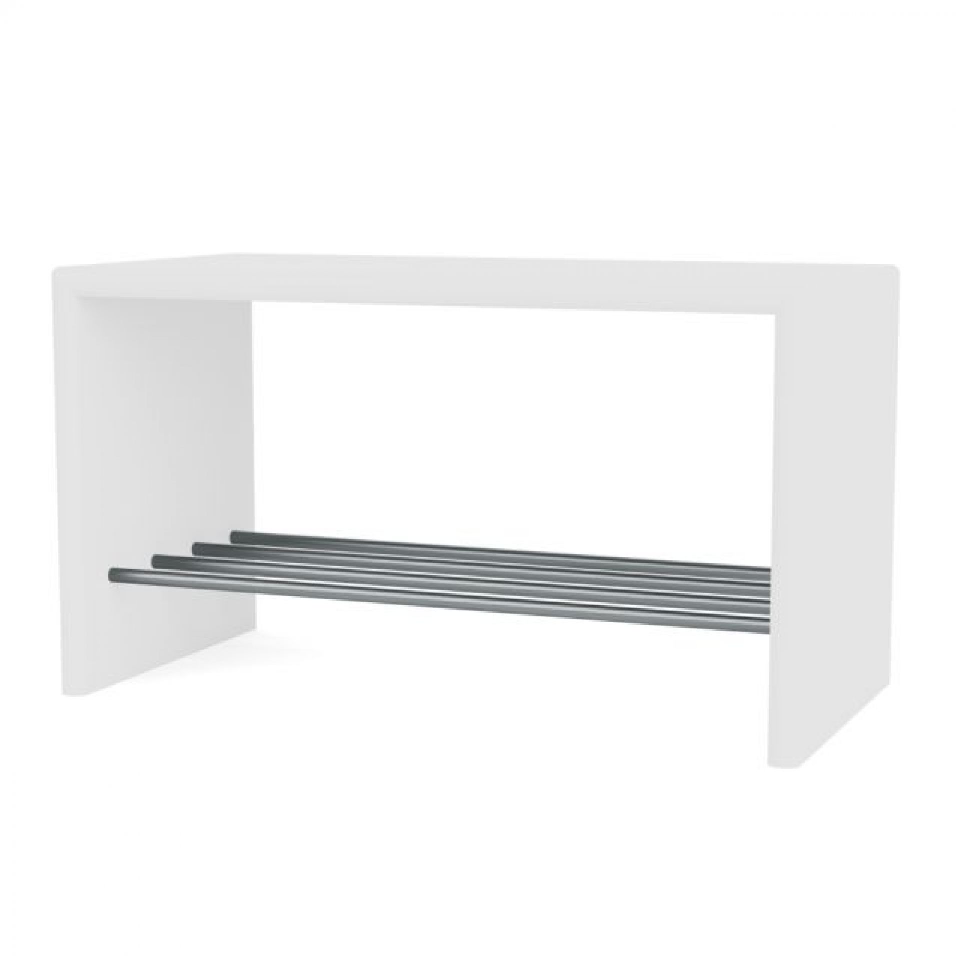 Weiße Schuhbank mit drei Metallstangen zur Schuhaufbewahrung. Montana Schuhbank für Flur und Eingangsbereich.