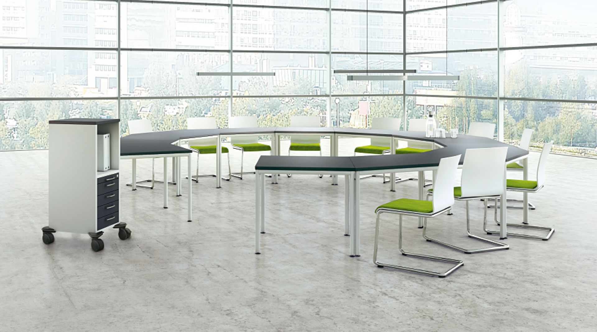 Pontis Rollcontainer von Assmann: Moderner, weißer Bürowagen mit Schubladen und offenem Fach auf Rollen.