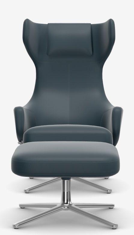 Grand Repos Sessel + Ottoman NIEDRIG / LEDER PREMIUM MIT KONTRASTNAHT RAUCHBLAU Vitra EINZELSTÜCK