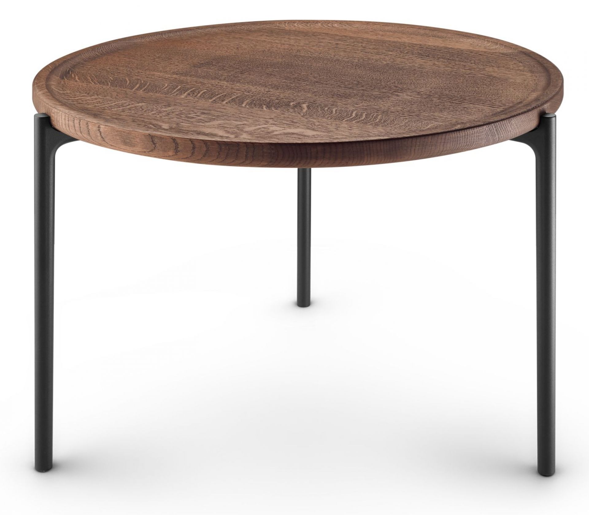 Savoye Tisch: Runder Couchtisch aus geräucherter Eiche mit schwarzen Metallbeinen von Eva Solo.
