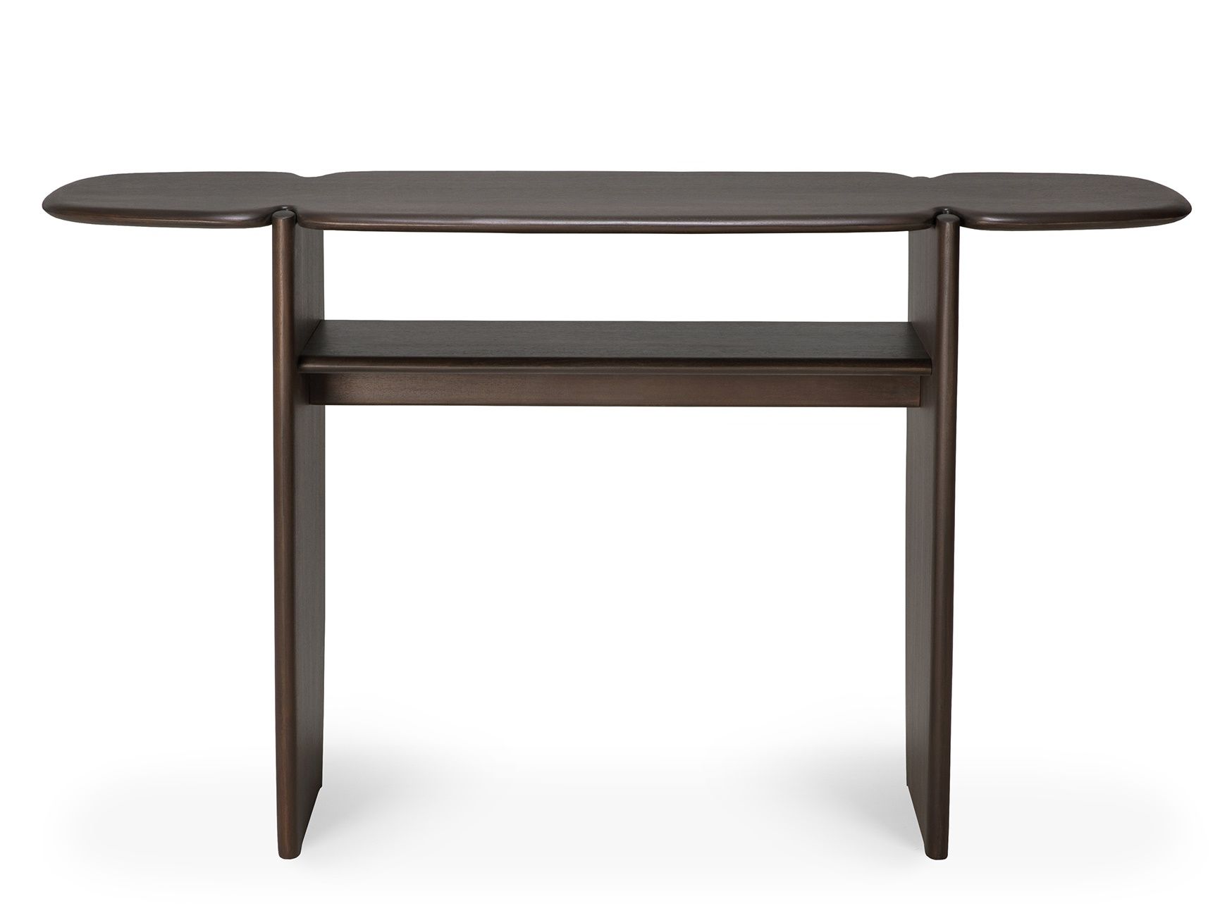 Ethnicraft PI Konsole aus Mahagoni in Dunkelbraun, schlankes Design mit Ablagefläche.