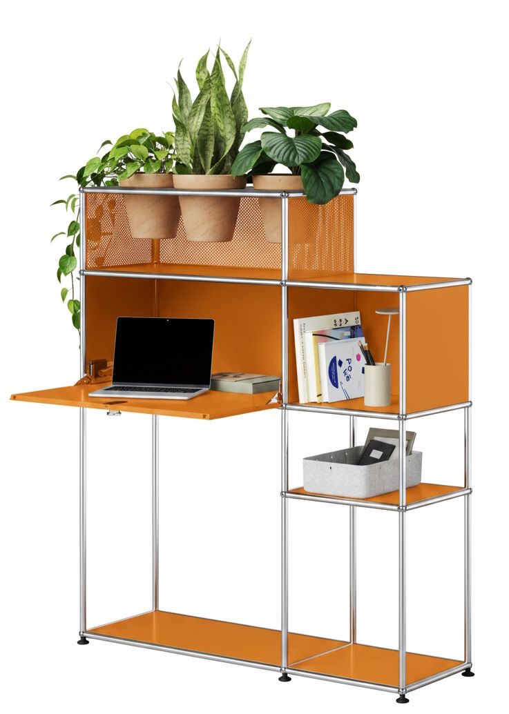 Home Office mit Pflanzenelement USM Haller Reinorange