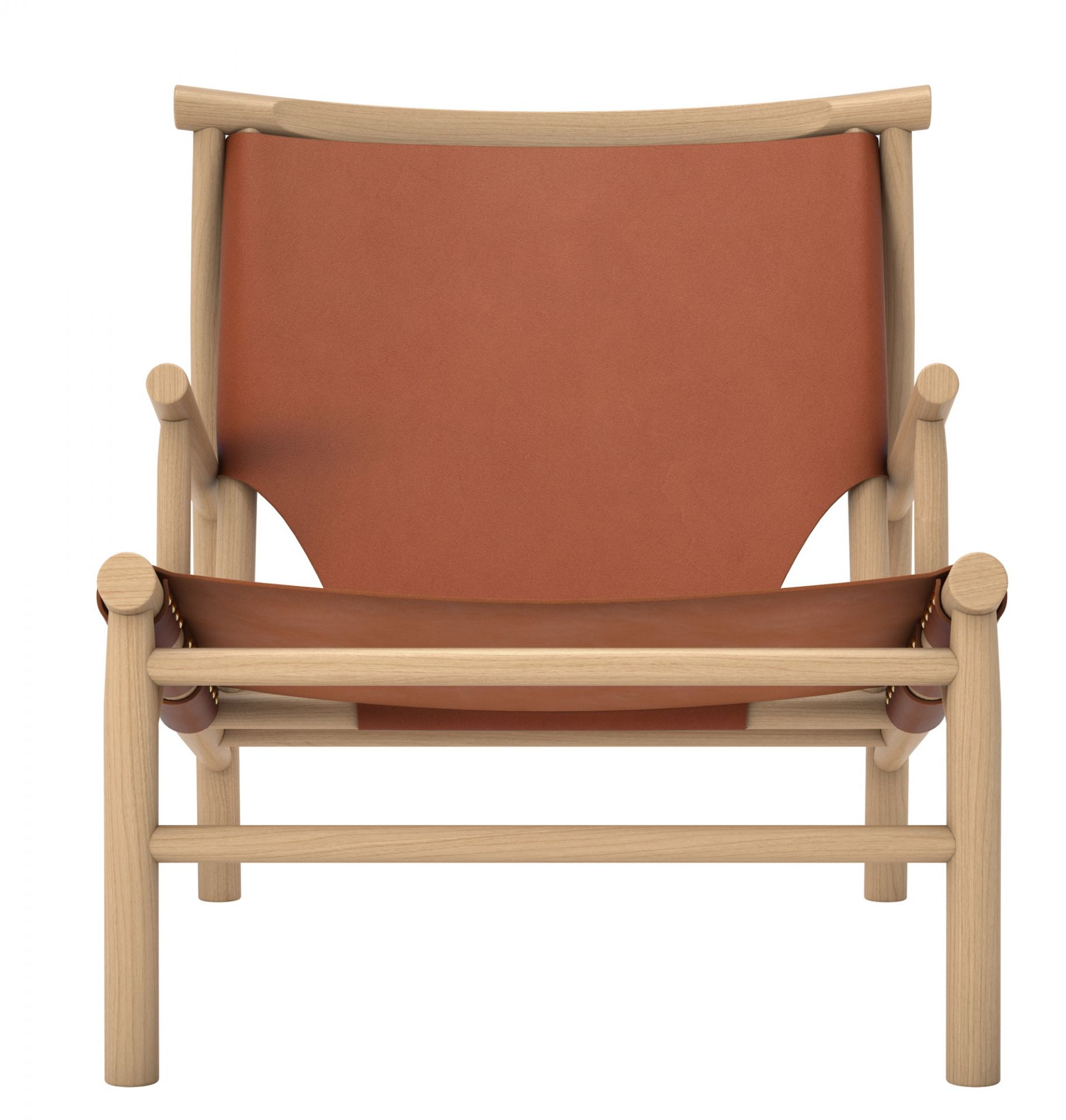 Samurai Chair Sessel mit Cognac Lederbezug und hellem Holzgestell, Frontansicht.