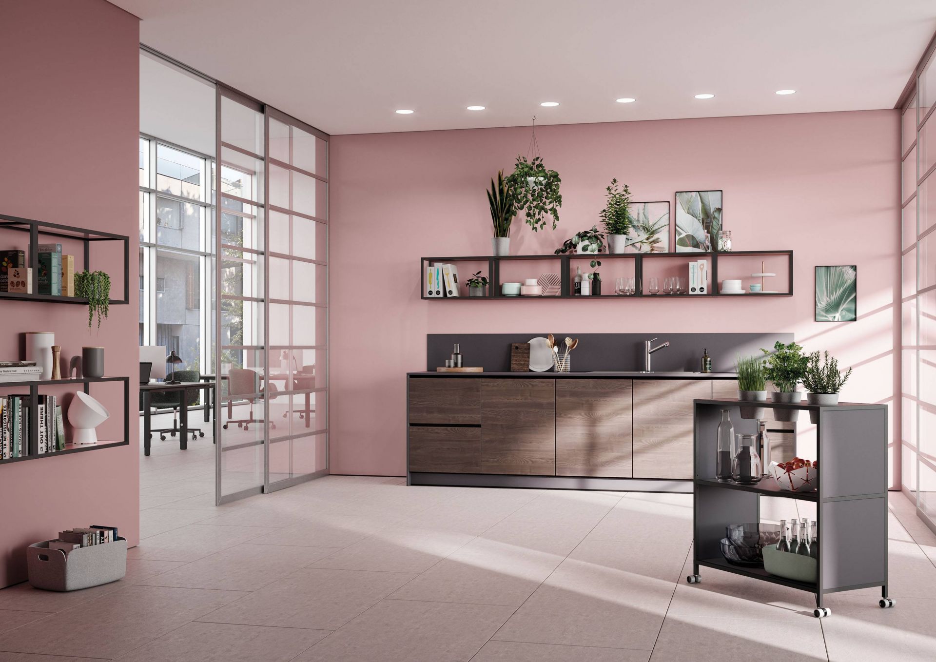 P4 Hängeregal von Palmberg, 80 cm breit, in einem modernen Büro mit rosa Wänden.