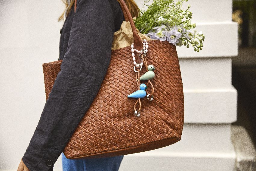 Vogel Blau Schlüsselanhänger silberfarbenes Metall mit Naturleder Kay Bojesen