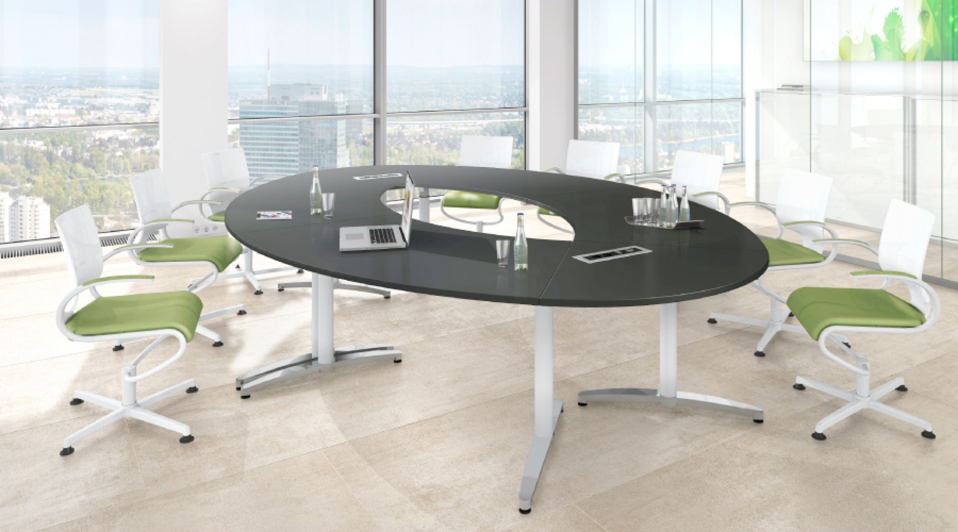 Canvaro Sitz-/Stehtisch von Assmann, oval, grau, mit Laptop und Bürostühlen in modernem Büro.