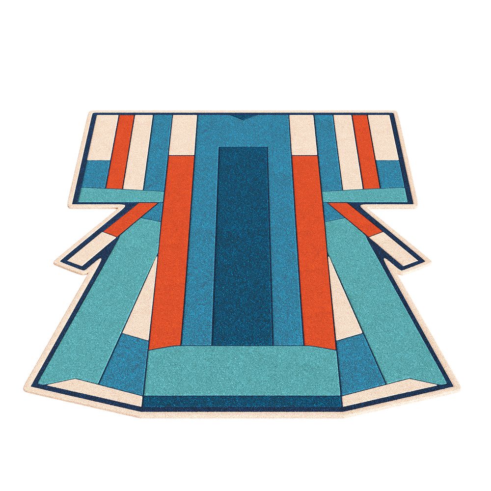 Inès Carpet Teppich Hartô mit geometrischem Muster in Blau, Orange und Beige.