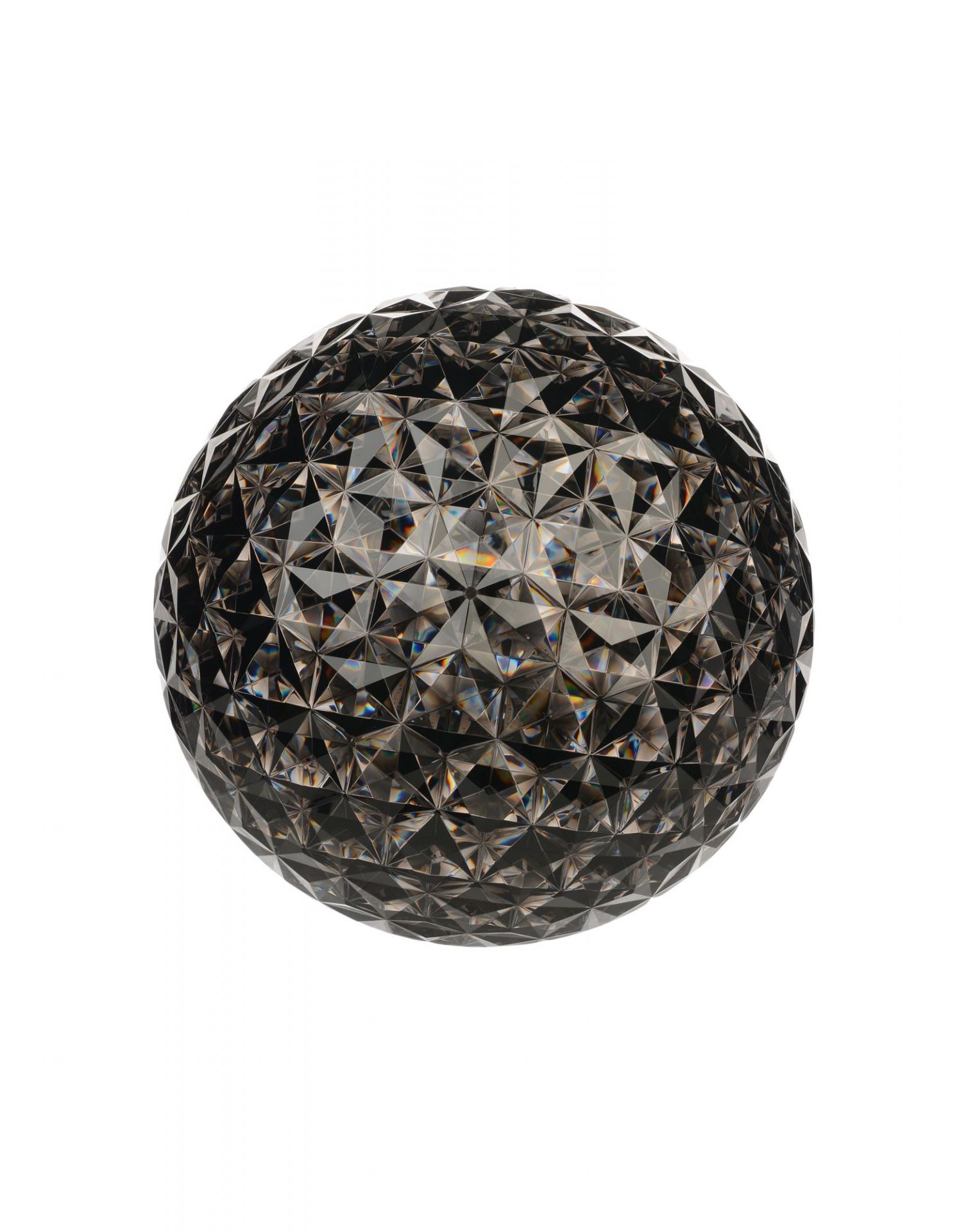 Planet Stehleuchte LED von Kartell, rauchfarbene Kugel mit facettenreicher Oberfläche. Designleuchte für Wohnraum.