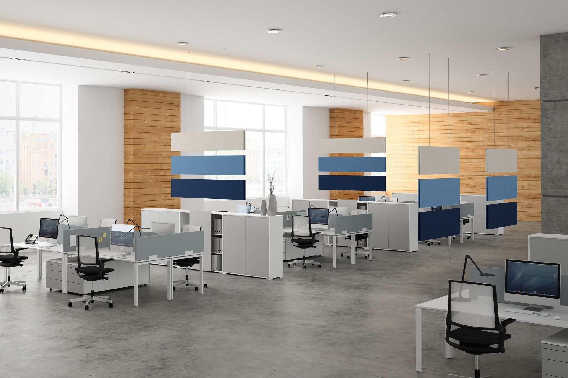 Modernes Großraumbüro mit Palmberg Terio Plus Baffel Akustikpaneelen in Grau- und Blautönen zur Schallabsorption und Raumgestaltung.