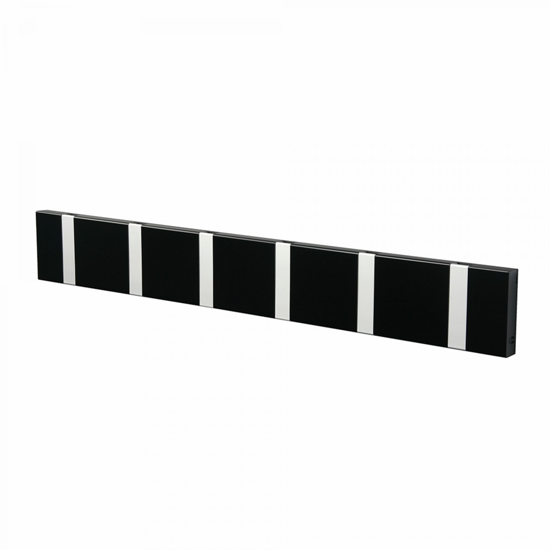 Schwarze Knax Wandgarderobe mit sechs Haken, waagerecht montiert. Moderne Garderobenleiste für Flur und Diele.