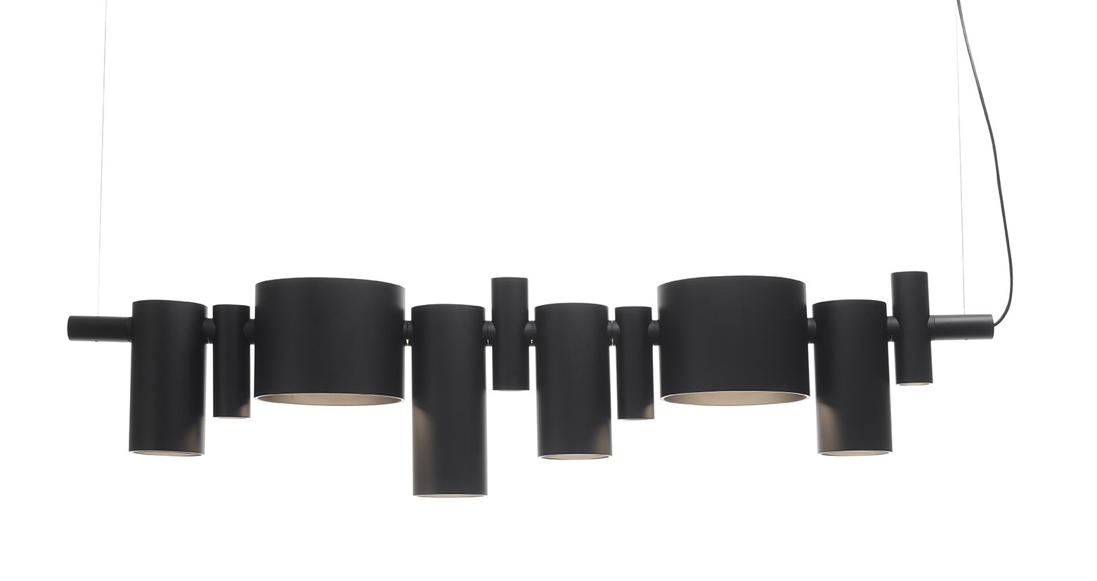 Dancing Queen Hängeleuchte von Oluce: Schwarze, moderne Pendelleuchte mit zylindrischen Lampenschirmen für Wohnzimmer und Esszimmer.