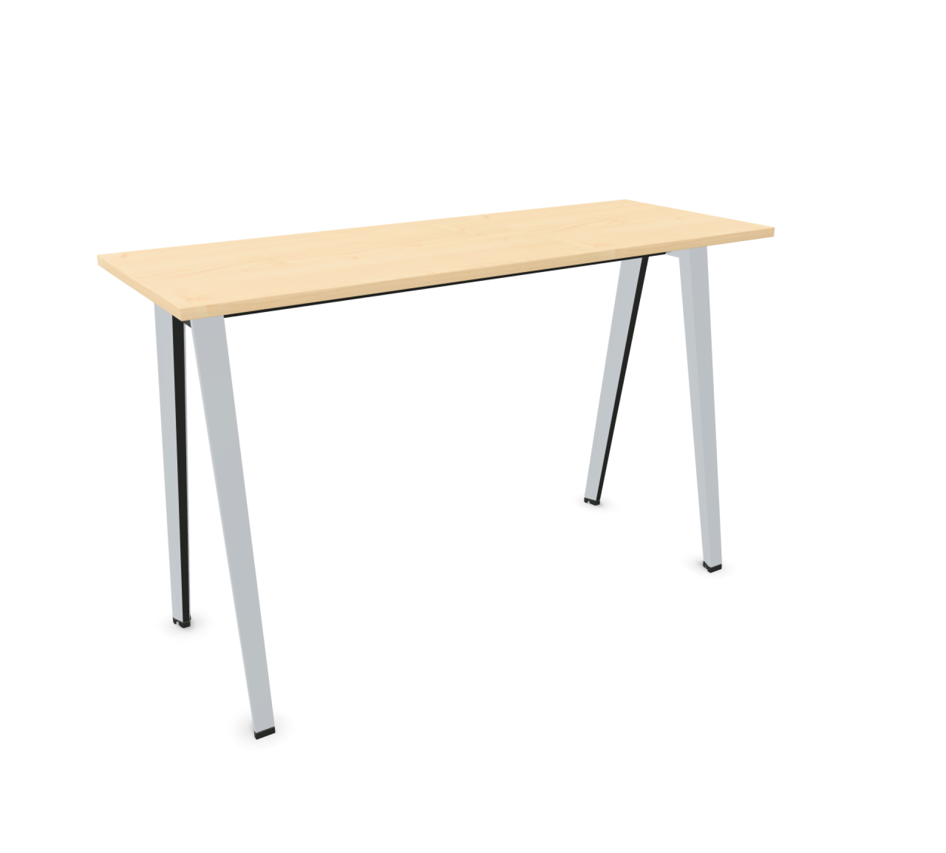 B-Free Stehtisch von Steelcase mit hellem Holzdekor und silberfarbenem Stahlfuß für modernes Bürodesign.