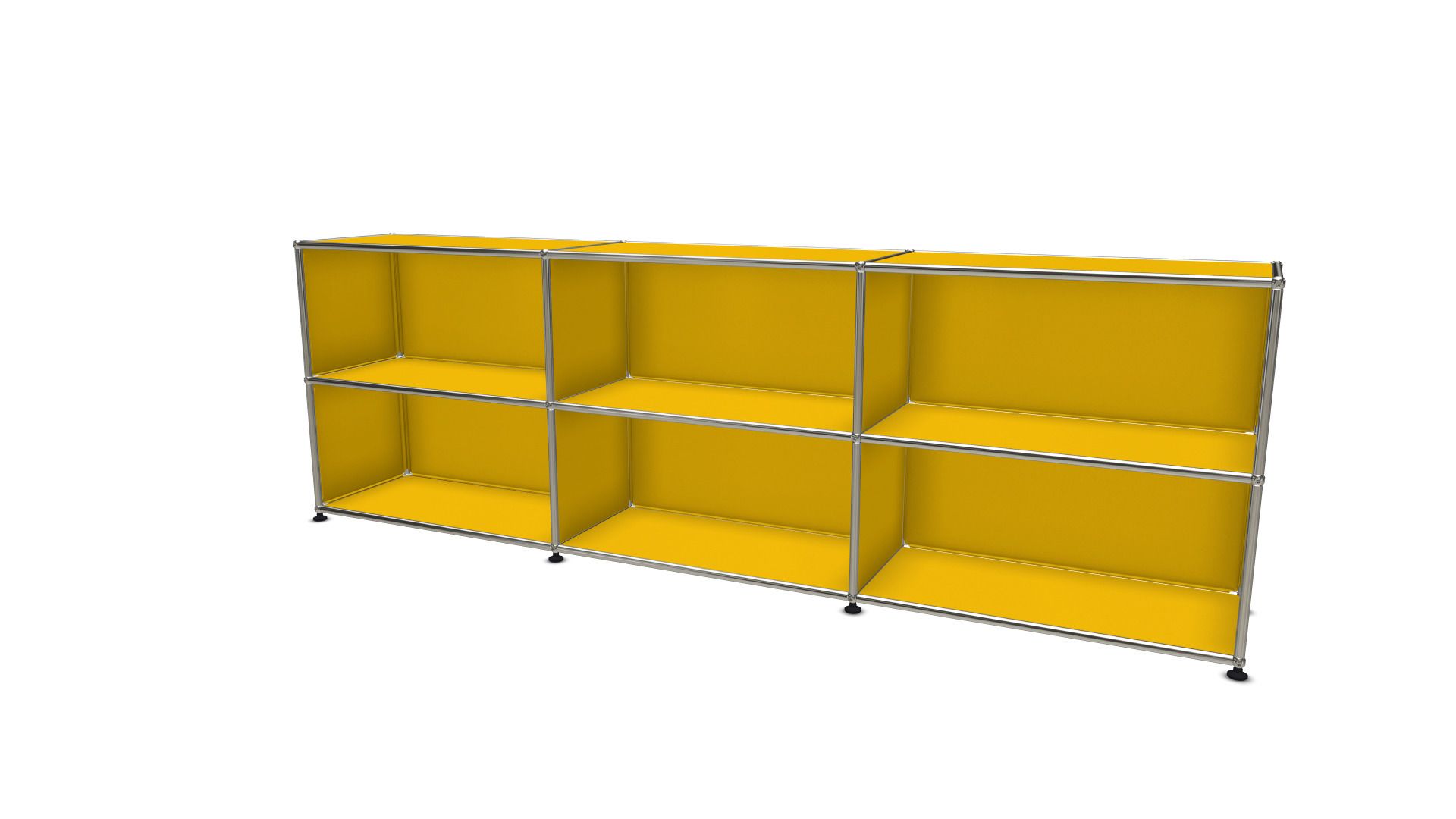 Gelbes USM Haller Sideboard mit sechs offenen Fächern und verchromtem Gestell, modernes modulares Möbeldesign.