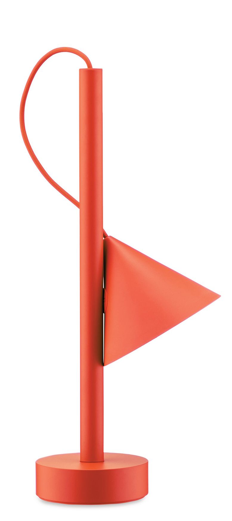 Tsumiki Tragbare Akku Leuchte ME01 Alessi Orange Orangefarbene Tsumiki Akku Leuchte von Alessi: Tragbare Lampe mit dreieckigem Lampenschirm und Textilkabel.