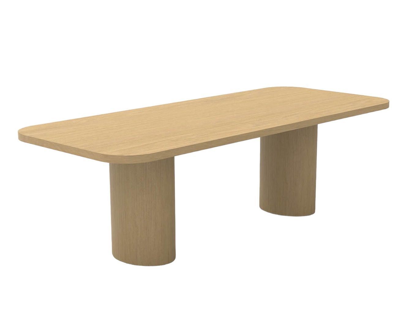 Tecta M70 Esstisch aus hellem Holz mit abgerundeten Ecken und zylindrischen Beinen.