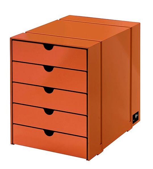 USM Haller Inos Kastenset C4 in Reinorange mit fünf geschlossenen Schalen für Büro und Zuhause.