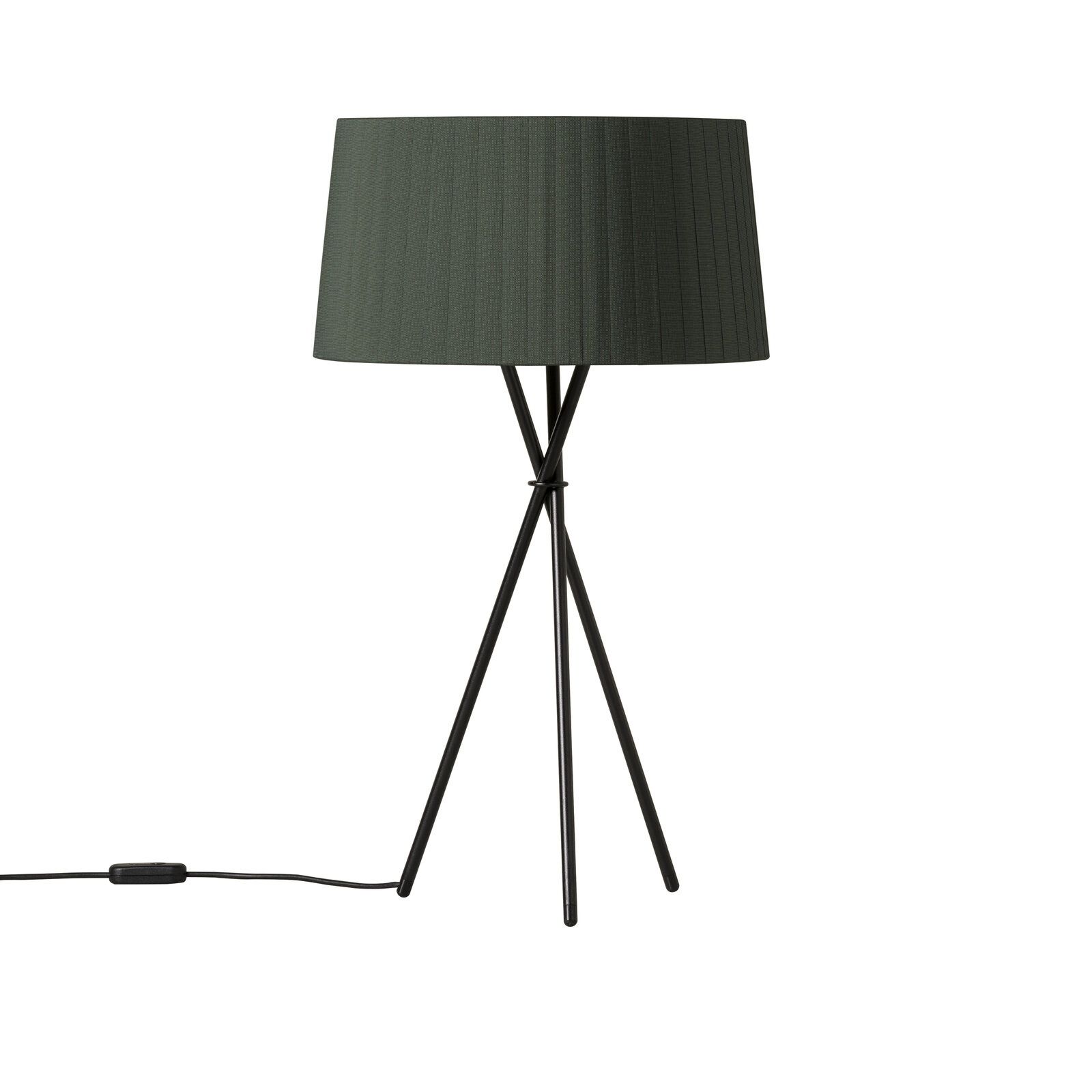 Tripode G6 Tischleuchte Grün von Santa & Cole mit schwarzem Stativfuß und plissiertem Lampenschirm.