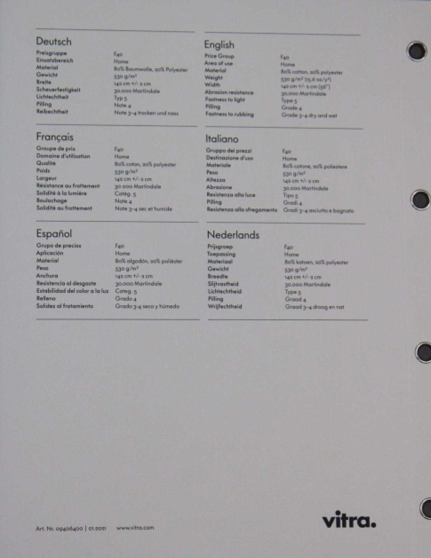 Stoffmusterkarte Mello Vitra